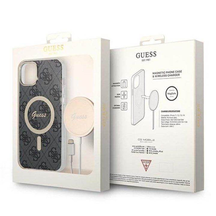 Dėklas ir įkroviklis Guess iPhone 14 Plus, juoda/aukso