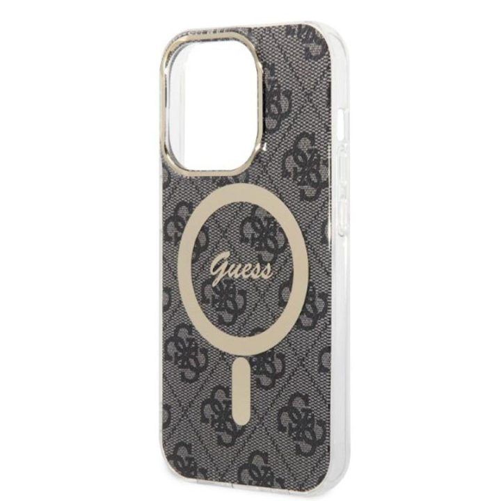 Dėklas iPhone 14 Pro su MagSafe, juodas/auksinis Guess