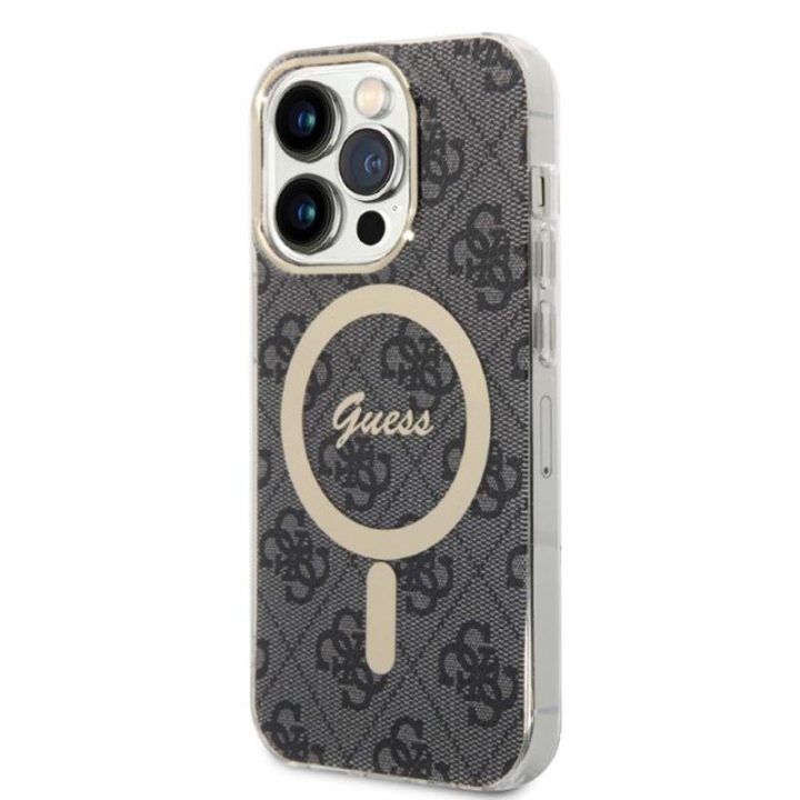 Dėklas iPhone 14 Pro su MagSafe, juodas/auksinis Guess