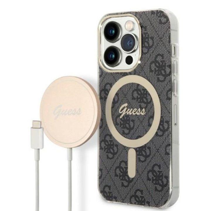Dėklas iPhone 14 Pro su MagSafe, juodas/auksinis Guess