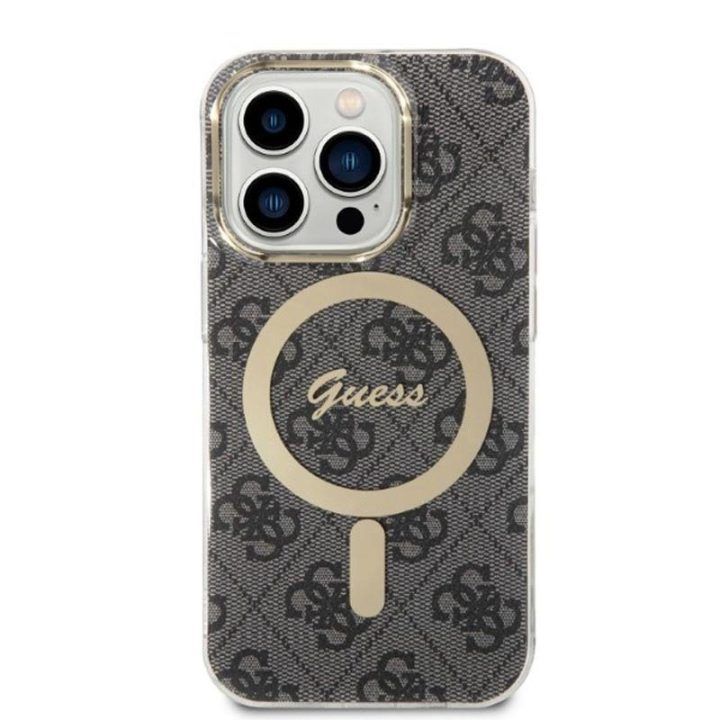 Dėklas iPhone 14 Pro su MagSafe, juodas/auksinis Guess