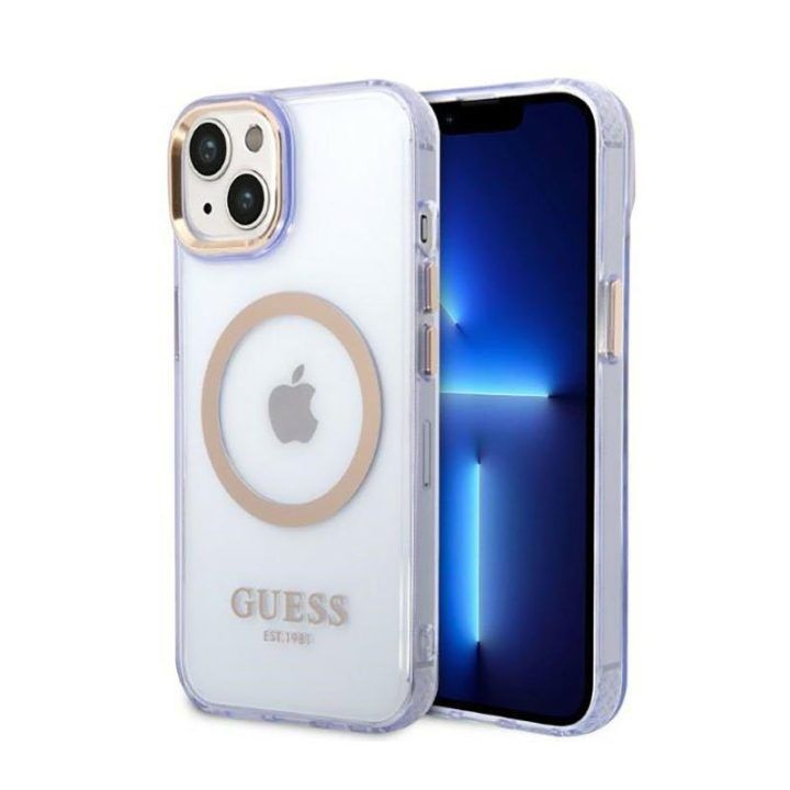 Dėklas iPhone 14 Guess Gold Outline, permatomas