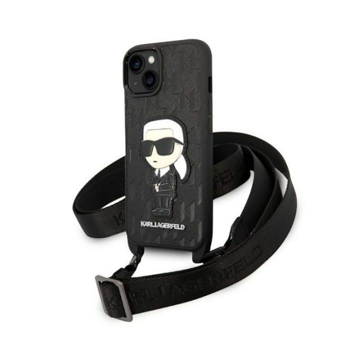 Dėklas iPhone 14 Karl Lagerfeld juodas su dirželiu