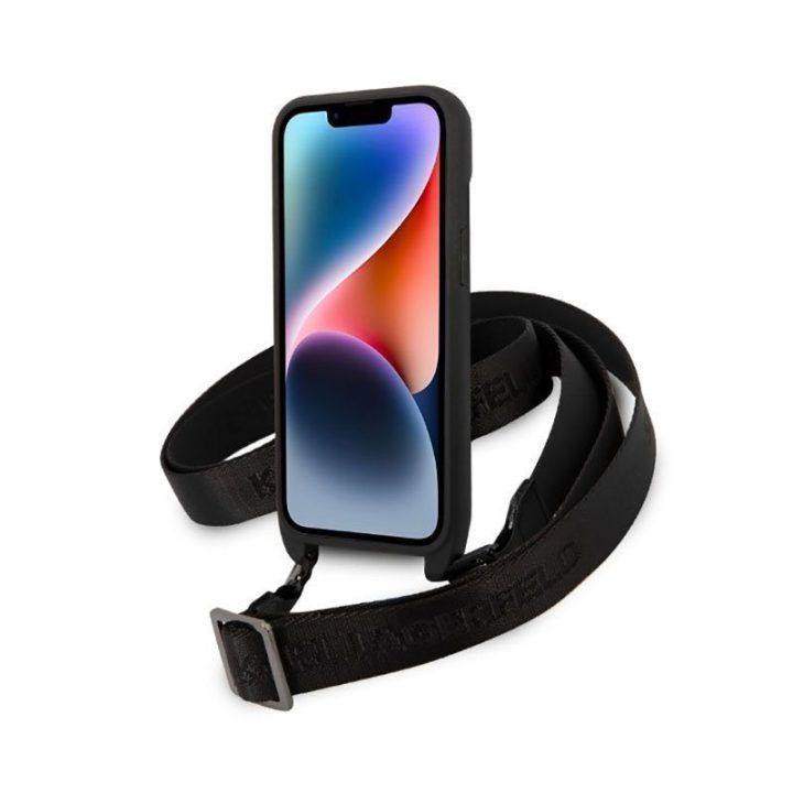 Dėklas iPhone 14 Karl Lagerfeld juodas su dirželiu