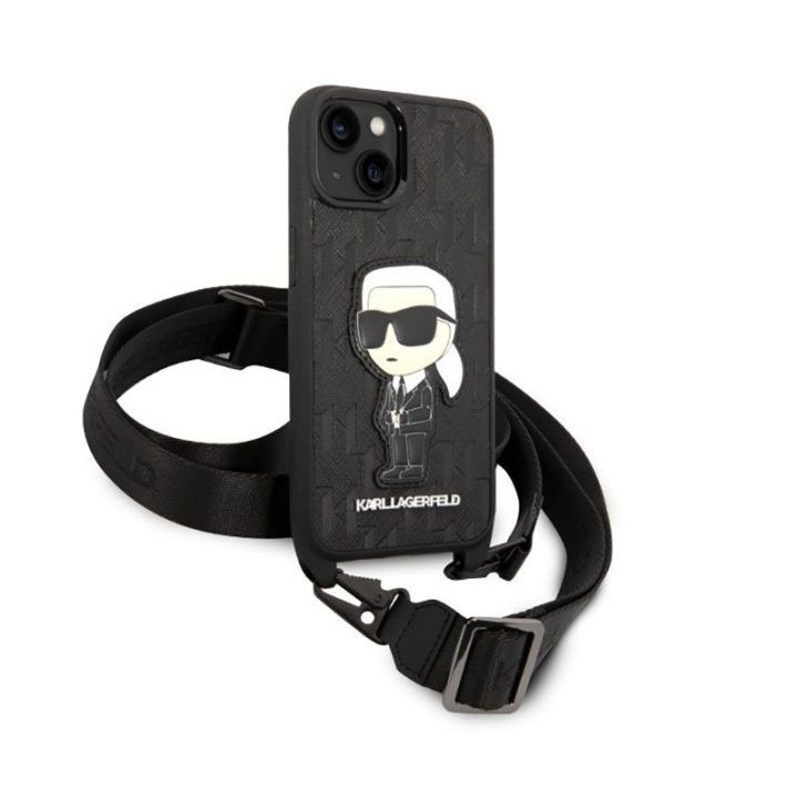 Dėklas iPhone 14 Karl Lagerfeld juodas su dirželiu