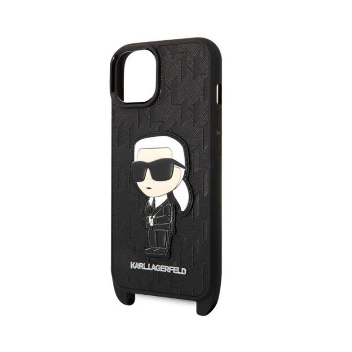 Dėklas iPhone 14 Karl Lagerfeld juodas su dirželiu