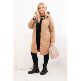 Moteriška Plus Size žieminė dygsniuota striukė su gobtuvu, kapučino spalvos