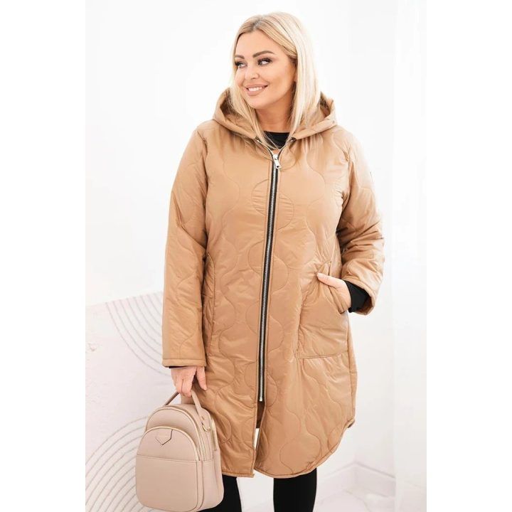 Moteriška Plus Size žieminė dygsniuota striukė su gobtuvu, kapučino spalvos