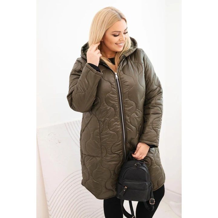 Moteriška Plus Size žieminė dygsniuota striukė su gobtuvu, chaki spalvos