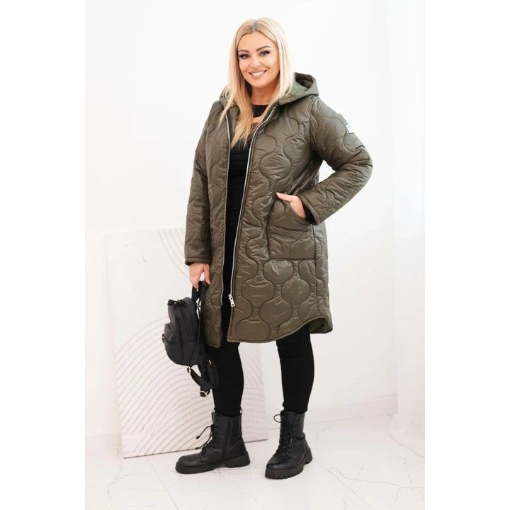 Moteriška Plus Size žieminė dygsniuota striukė su gobtuvu, chaki spalvos