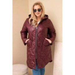 Moteriška Plus Size žieminė dygsniuota striukė su gobtuvu, burgundiškos spalvos