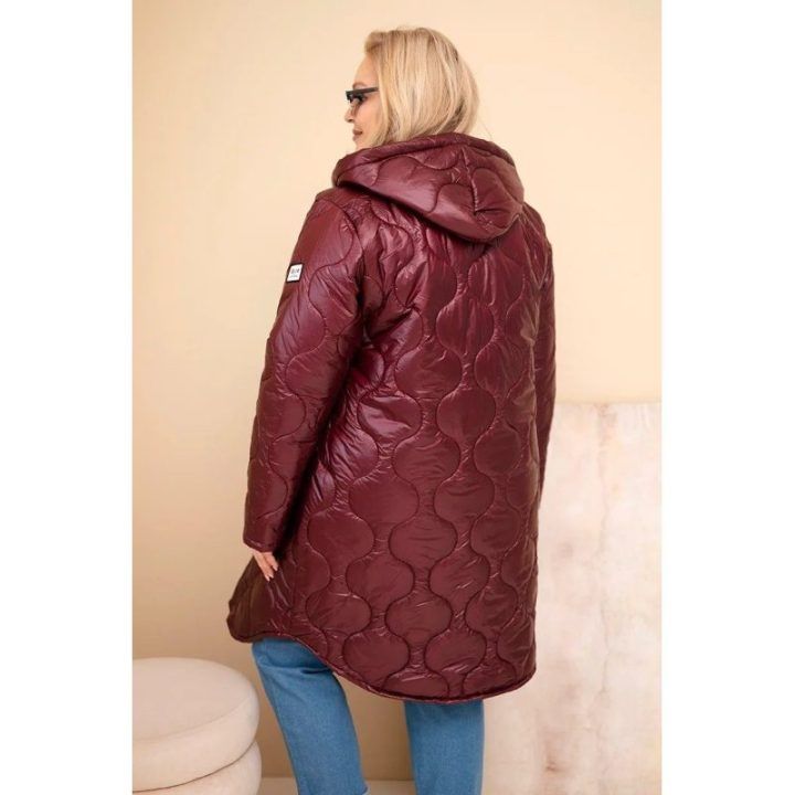 Moteriška Plus Size žieminė dygsniuota striukė su gobtuvu, burgundiškos spalvos