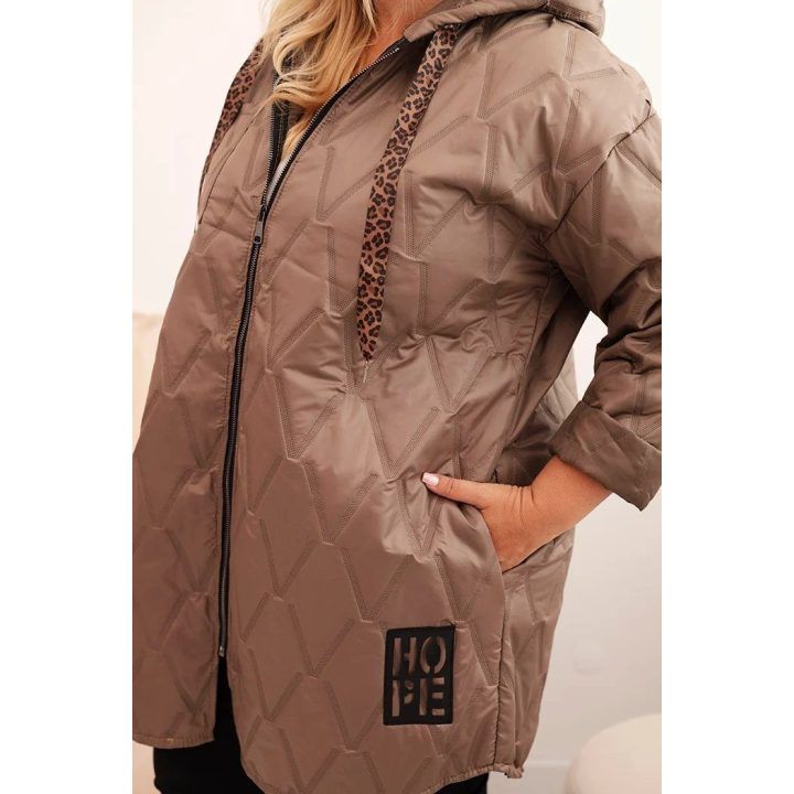 Moteriška Plus Size dygsniuota striukė su gobtuvu ir HOPE užrašu, kapučino spalvos