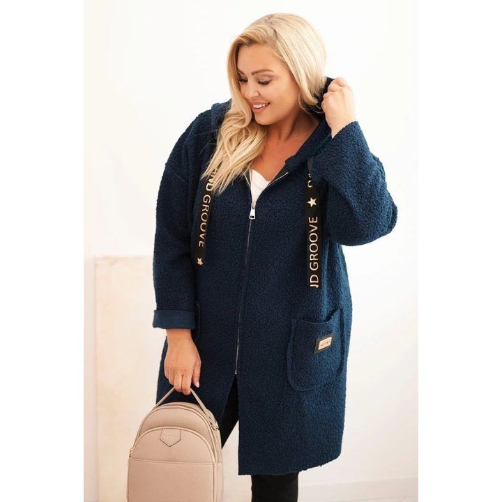 Moteriškas Plus Size paltas su gobtuvu ir kišenėmis, tamsiai mėlynos spalvos