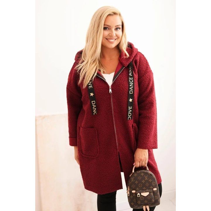 Moteriškas Plus Size paltas su gobtuvu ir kišenėmis, tamsiai raudonos spalvos