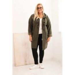 Moteriškas Plus Size chaki paltas su gobtuvu ir kišenėmis