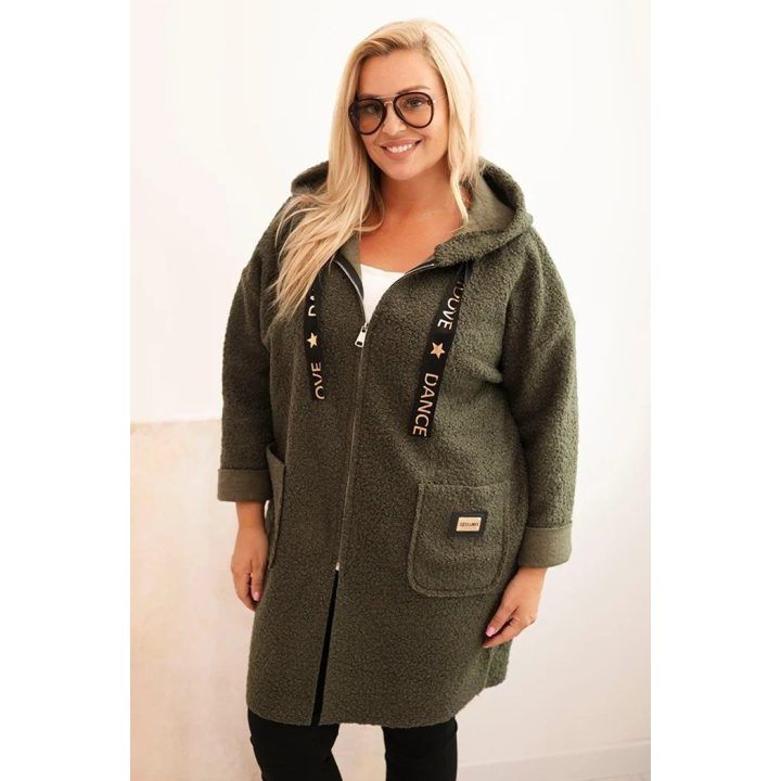 Moteriškas Plus Size chaki paltas su gobtuvu ir kišenėmis