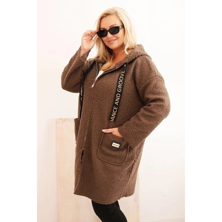 Moteriškas Plus Size paltas su gobtuvu ir kišenėmis, rudas