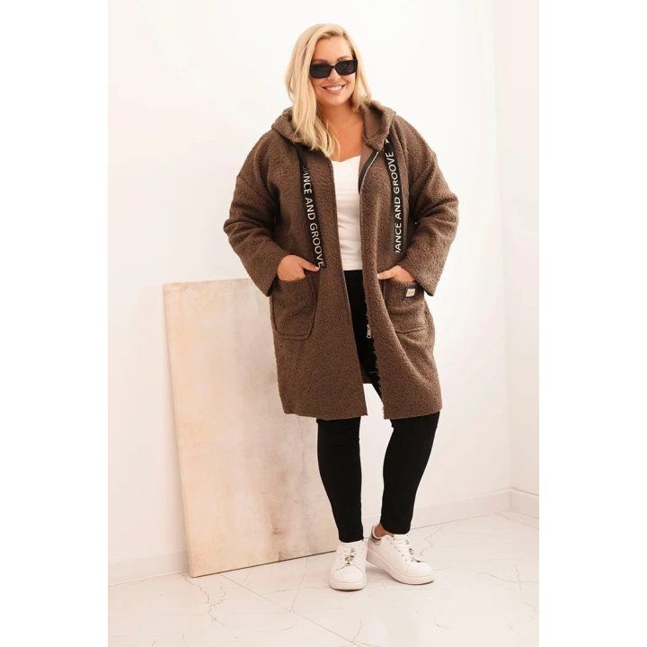 Moteriškas Plus Size paltas su gobtuvu ir kišenėmis, rudas