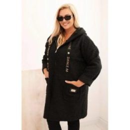 Moteriškas Plus Size paltas iš dirbtinės avikailio vilnos su gobtuvu ir kišenėmis, juodos spalvos