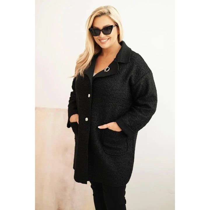 Moteriškas Plus Size paltas su vilna ir kišenėmis, juodos spalvos