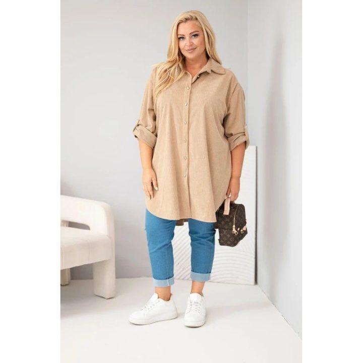 Moteriški Plus Size marškiniai su podvinėjamomis rankovėmis, smėlio spalvos