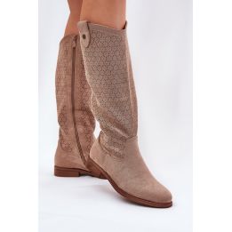 Ilgaauliai batai virš kelių su ažūriniu raštu, smėlio spalvos Step in style
