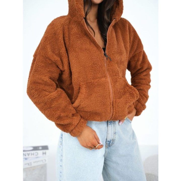 Tamsiai rudas susegamas džemperis su gobtuvu