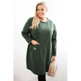 Moteriška Plus Size suknelė su kišene ir 3/4 rankovėmis, chaki spalvos