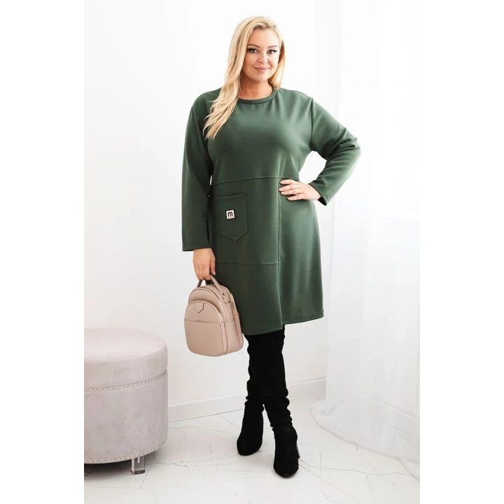 Moteriška Plus Size suknelė su kišene ir 3/4 rankovėmis, chaki spalvos