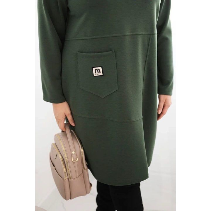 Moteriška Plus Size suknelė su kišene ir 3/4 rankovėmis, chaki spalvos