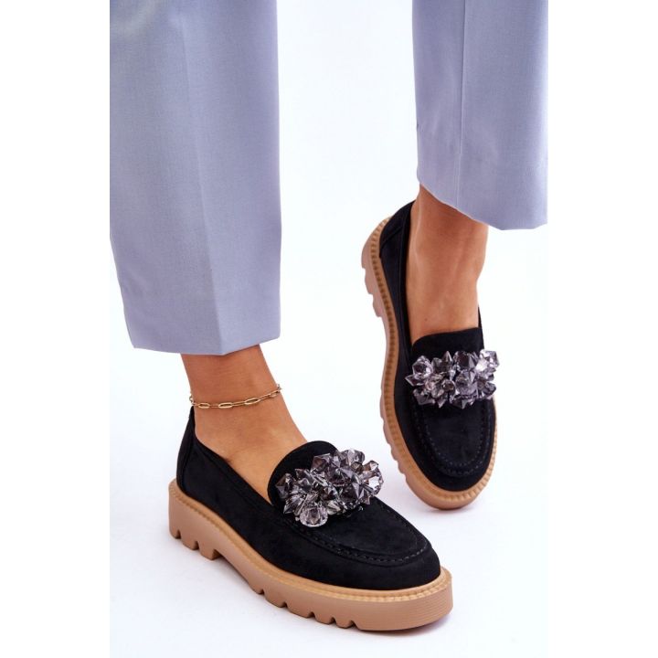 Juodi mokasinai su platforma ir kristalų dekoru Step in style