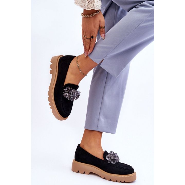 Juodi mokasinai su platforma ir kristalų dekoru Step in style