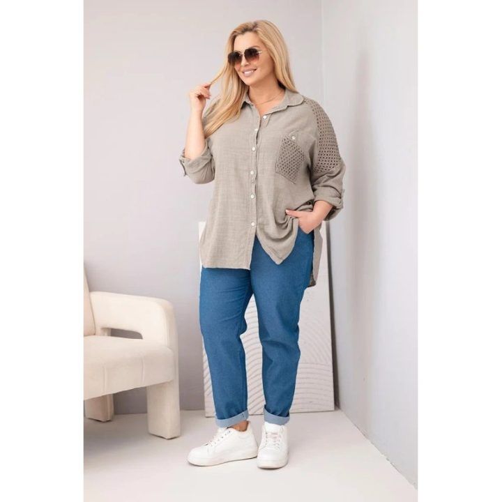 Moteriški Plus Size marškiniai su nėriniais ir apykakle, smėlio spalvos