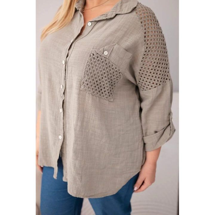 Moteriški Plus Size marškiniai su nėriniais ir apykakle, smėlio spalvos