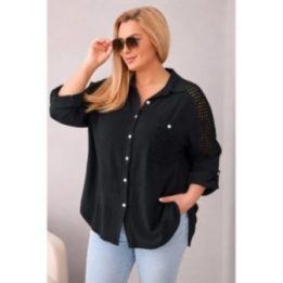Moteriški Plus Size marškiniai su apykakle ir nėriniuota detale, juodos spalvos