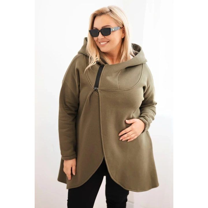 Moteriškas Plus Size džemperis su gobtuvu ir asimetrišku užtrauktuku, chaki spalvos