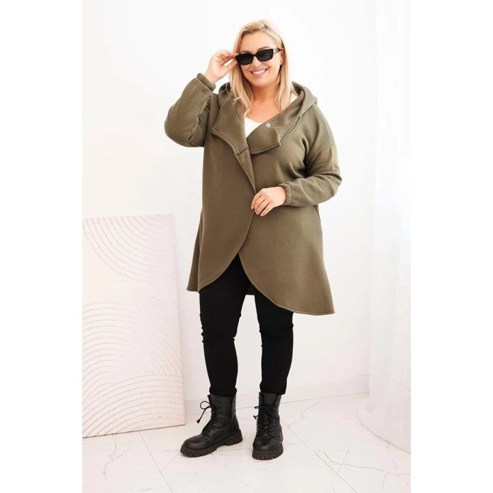 Moteriškas Plus Size džemperis su gobtuvu ir asimetrišku užtrauktuku, chaki spalvos