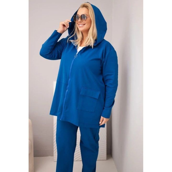 Moteriškas Plus Size komplektas su džemperiu ir kelnėmis, mėlynos spalvos