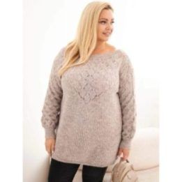 Moteriškas Plus Size megztinis su ažūriniu raštu, rudos spalvos