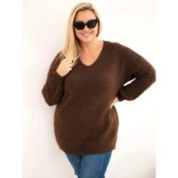 Moteriškas Plus Size megztinis V iškirpte, rudos spalvos