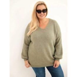 Moteriškas Plus Size megztinis su vilna, chaki spalvos