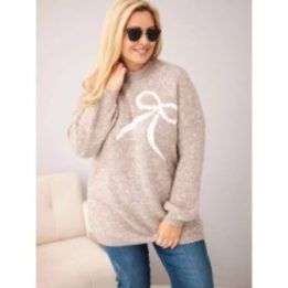 Moteriškas Plus Size megztinis su vilna ir kaspinu, kapučino spalvos