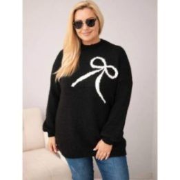 Moteriškas Plus Size megztinis su vilna ir kaspinu, juodos spalvos