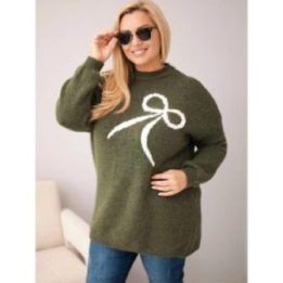 Moteriškas Plus Size megztinis su vilna ir kaspinu, chaki spalvos