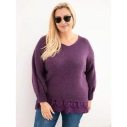 Moteriškas Plus Size megztinis su nėriniuotu apačios kraštu, tamsiai violetinis