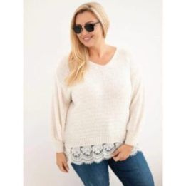 Moteriškas Plus Size megztinis su nėriniuotu apačios kraštu, šviesiai smėlio spalvos