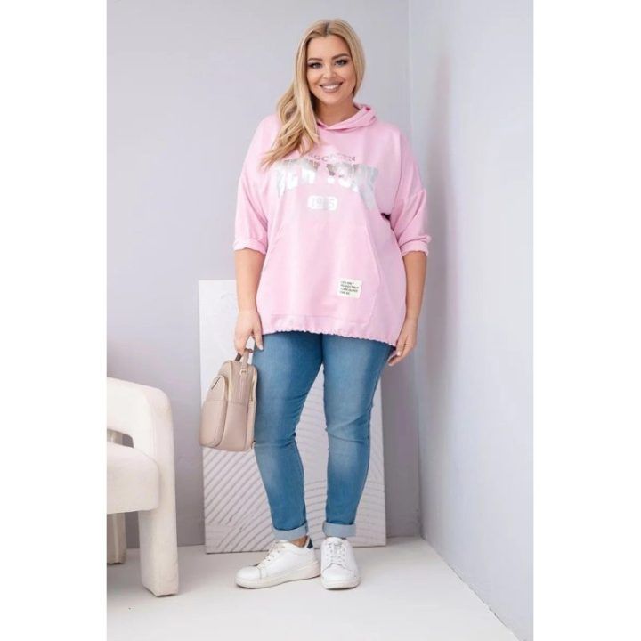 Moteriškas Plus Size džemperis su gobtuvu ir kišene, rožinės spalvos