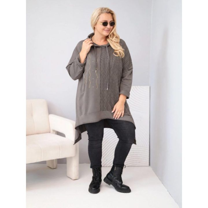 Moteriškas Plus Size džemperis su gobtuvu, fango spalvos