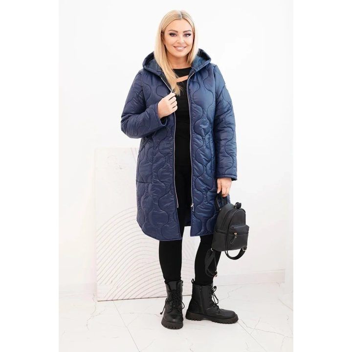 Moteriška Plus Size žieminė dygsniuota striukė su gobtuvu, tamsiai mėlynos spalvos